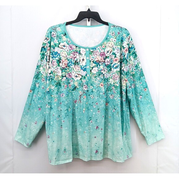 Women Shirt Plus Size 3XL Light Turquoise Floral Henley Long Sleeve Casual Top - Picture 1 of 5
